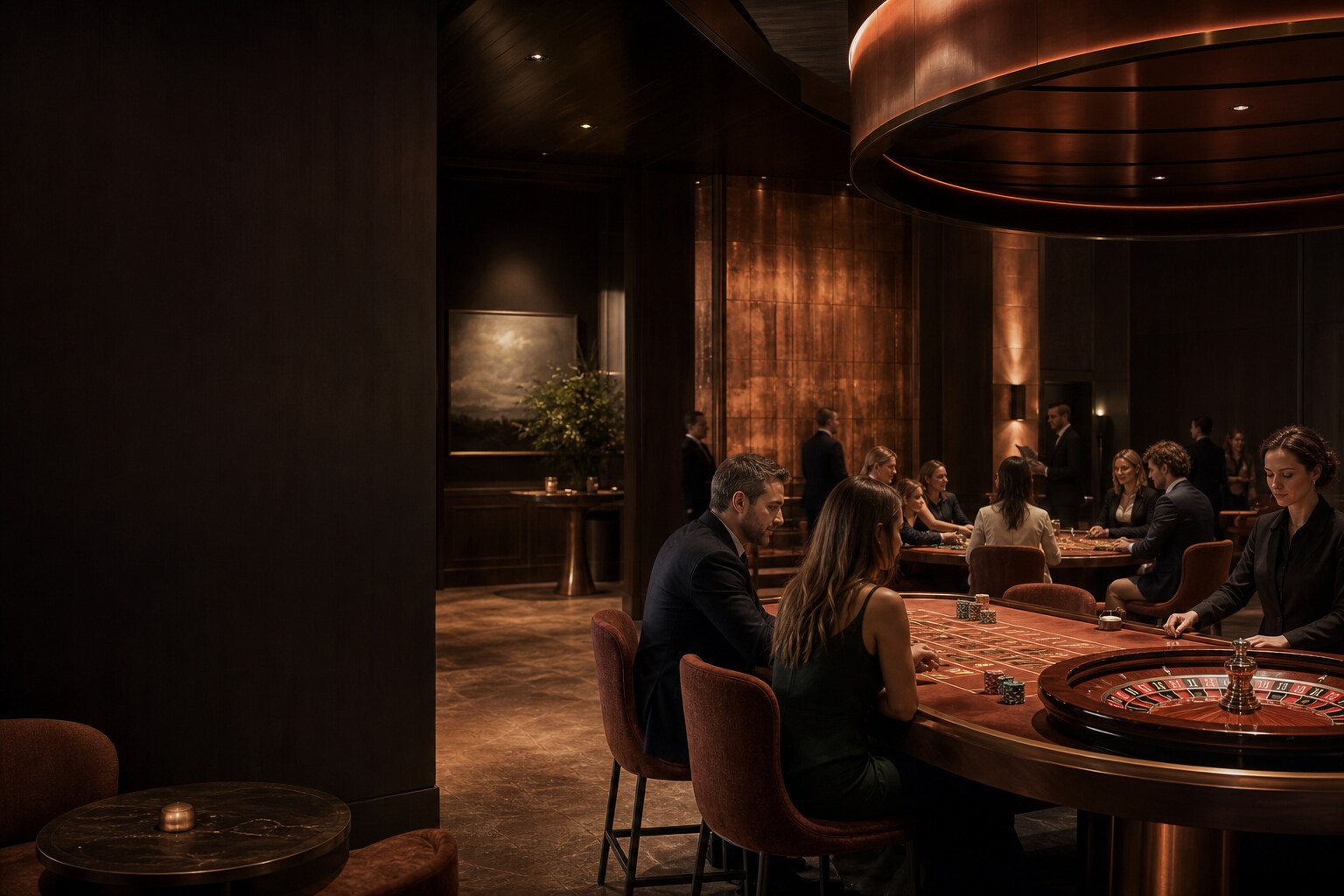 Intimt kasino med klassiske spillebord, mørkt tre og kobberlys